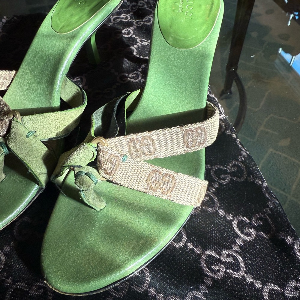 Vintage Gucci Women's Printed Canvas & Suede Kitten
Heels, Size 6, Green